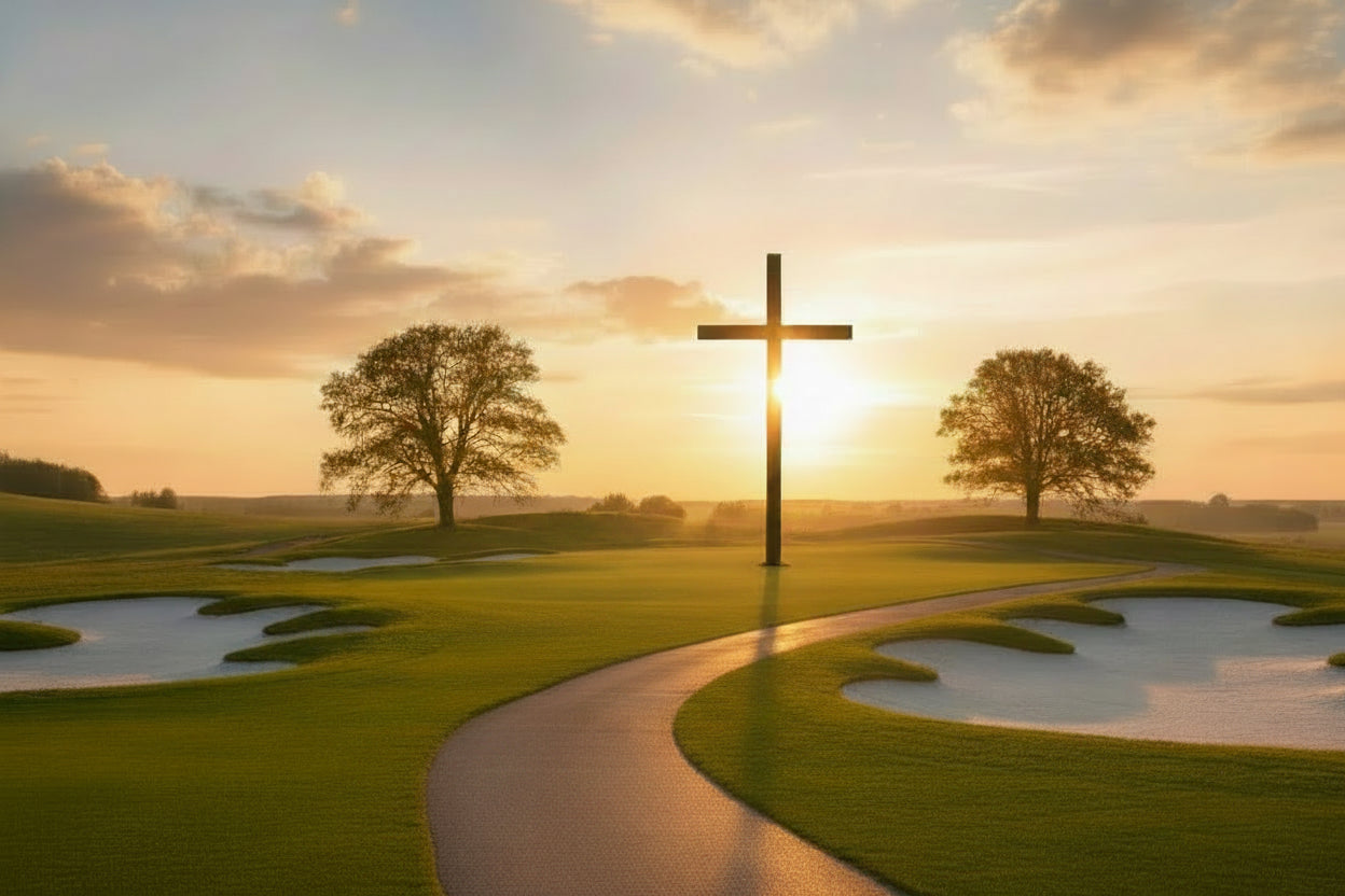 A scenic landscape photograph of a dirt path leading up a hill toward a large cross silhouetted against a golden sunset sky, with grassy fields and trees on either side.